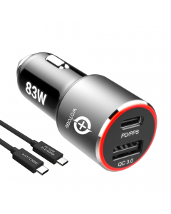 83W Quick Charge til bil til mobil og bærbar, USB-C, USB-A Quick Charge 3.0 +2m USB C