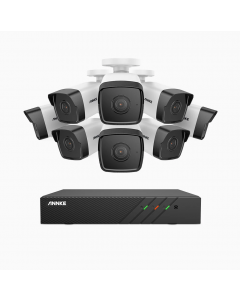 Overvågningssystem med 8 kameraer, POE, notifikationer, Wifi, lyd, IP67, 5MP, 2TB, 8CH DVR 